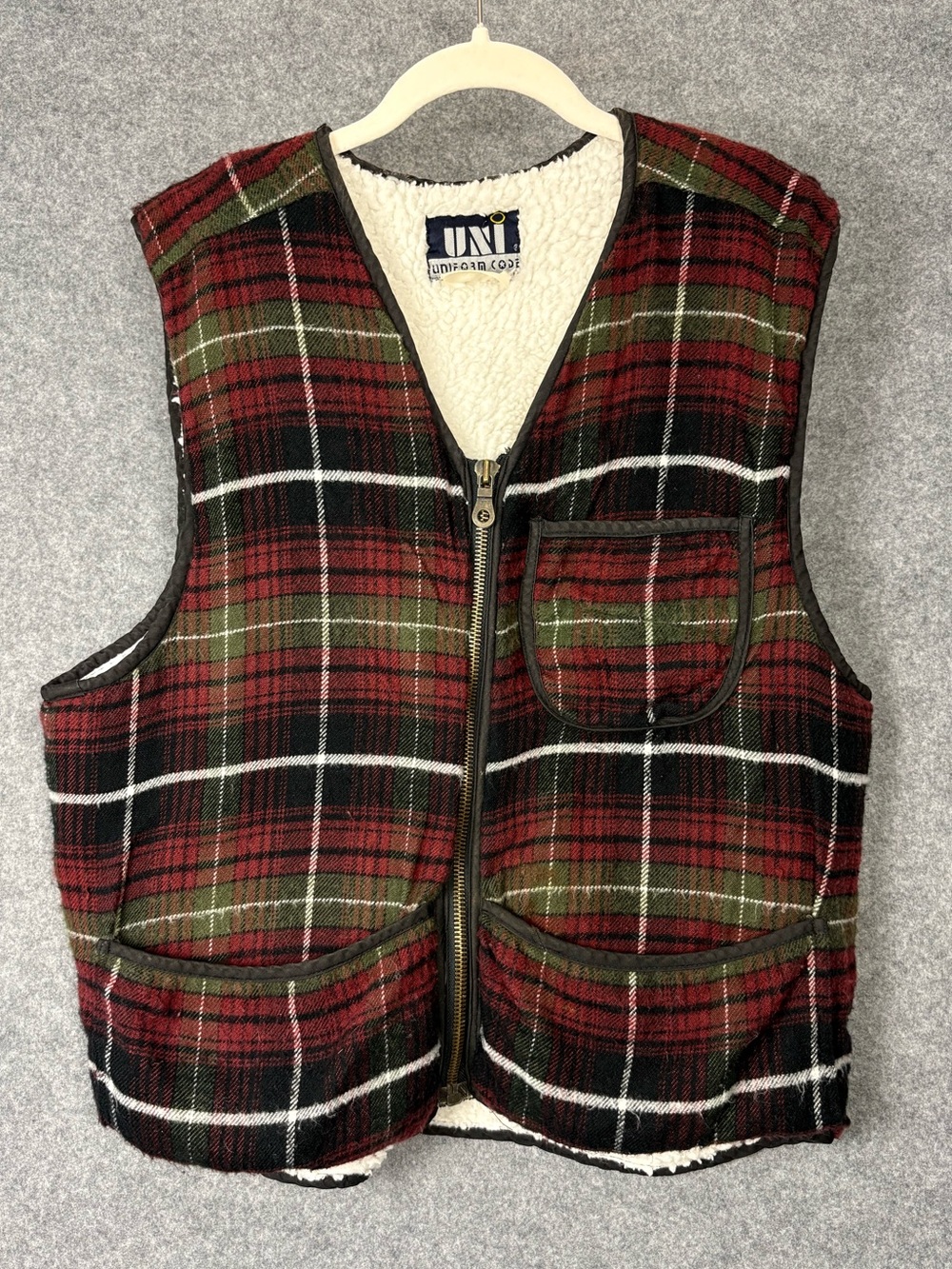 Vintage UNI Sherpa Lined Plaid Zip Vest Burgundy Green Size L